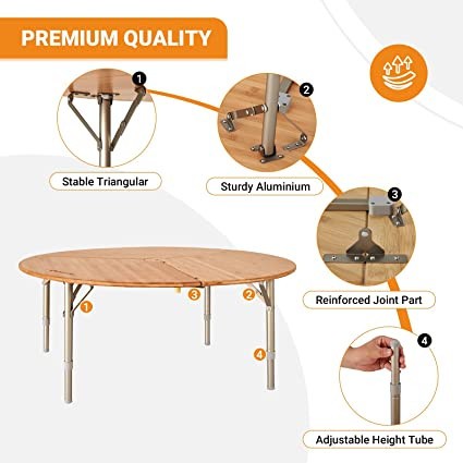 KingCamp Bamboo Round Folding Table Adjustable Height And Unique Design