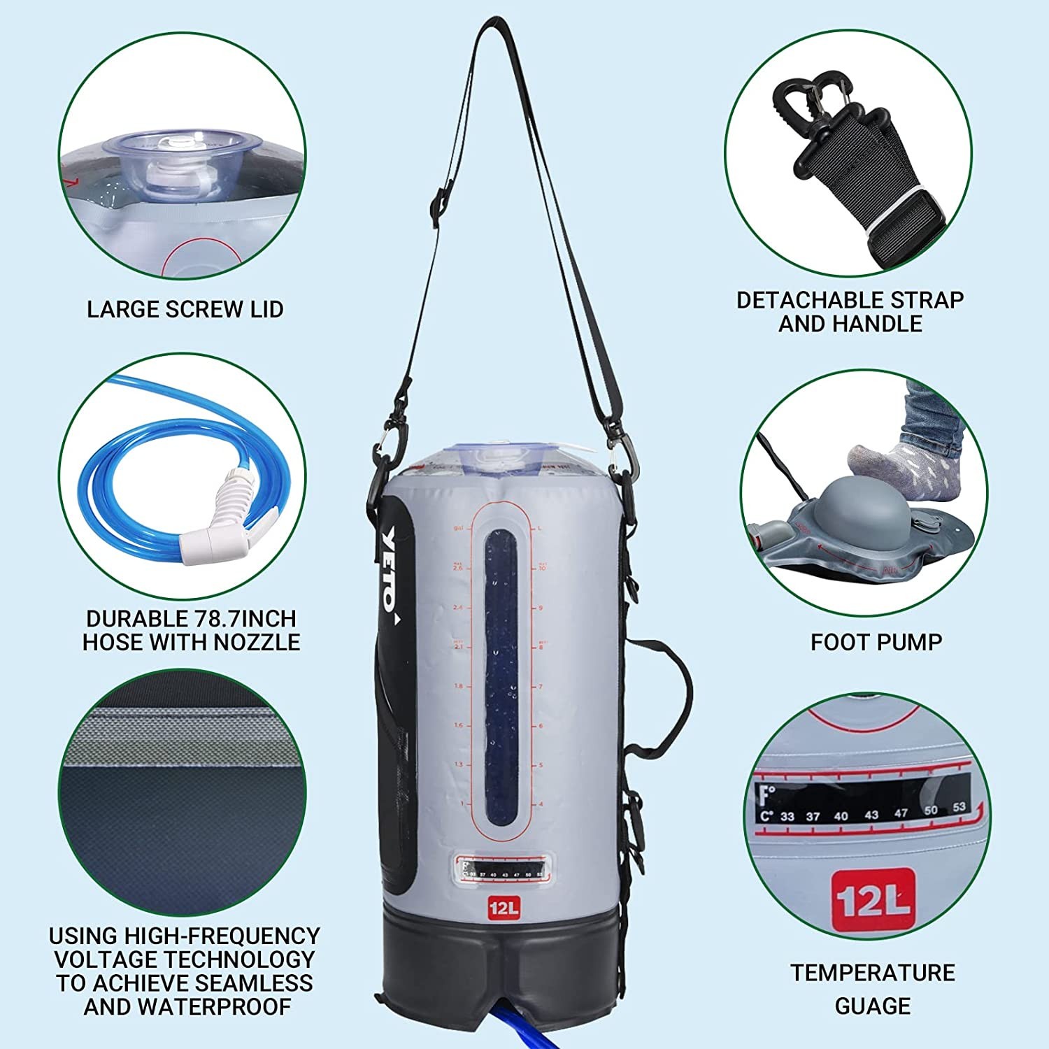 YETO Portable 12 Ltr. Outdoor Camping Shower, Shower Bag