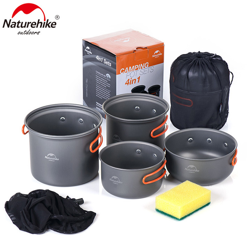 Naturehike Outdoor Camping 4 in 1 Picnic Pot 2-3 Person Camping Pot Sets Portable Outdoor Cookware Picnic Pot and Pan